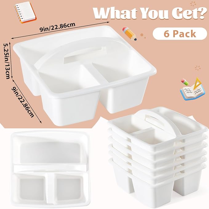 6 Pack Classroom Caddy with Handle Plastic Storage Caddy Organizer with 3 Compartments Desk Caddies Holder Portable Storage Bin for Pencil, Crayon, Marker, Home, Office, School Supplies(White)