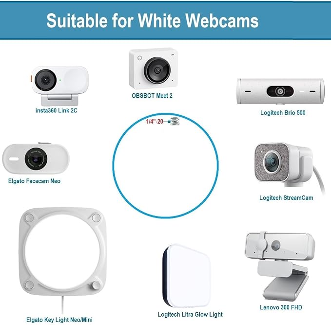 White Webcam Magnetic Stand Holder for Logitech Brio 100, Brio 300,Brio 500,C270,C310 webcams