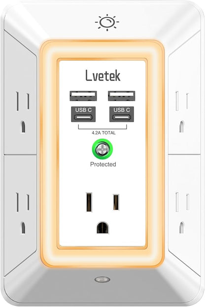 Multi Plug Outlet Surge Protector - Lvetek 3-Sided Power Strip with 5 Outlet Extender and 4 USB Ports(2 USB-C) and Night Light, USB Wall Charger for Home, Office, Travel, ETL Listed, White