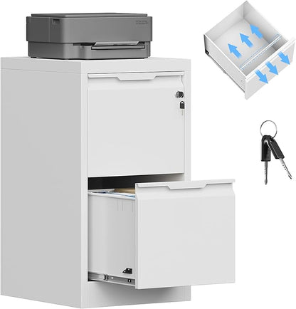 2 Drawer File Cabinet with Lock, Small Filing Cabinets for Home Office,17.8" D Metal File Cabinet for Under Desk, Vertical White File Cabinets for Legal/Letter Size File, Easy Assembly