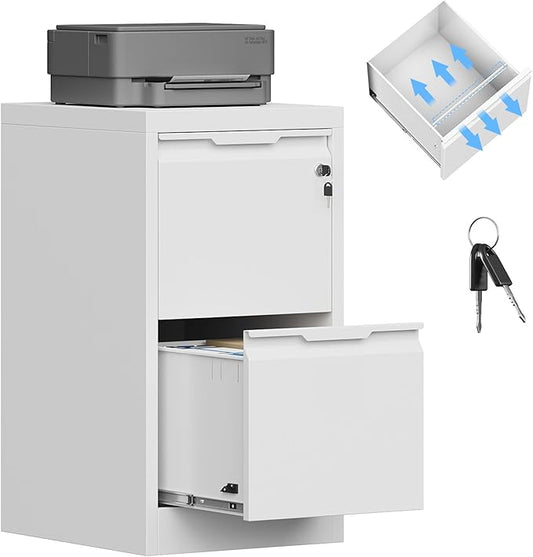 2 Drawer File Cabinet with Lock, Small Filing Cabinets for Home Office,17.8" D Metal File Cabinet for Under Desk, Vertical White File Cabinets for Legal/Letter Size File, Easy Assembly