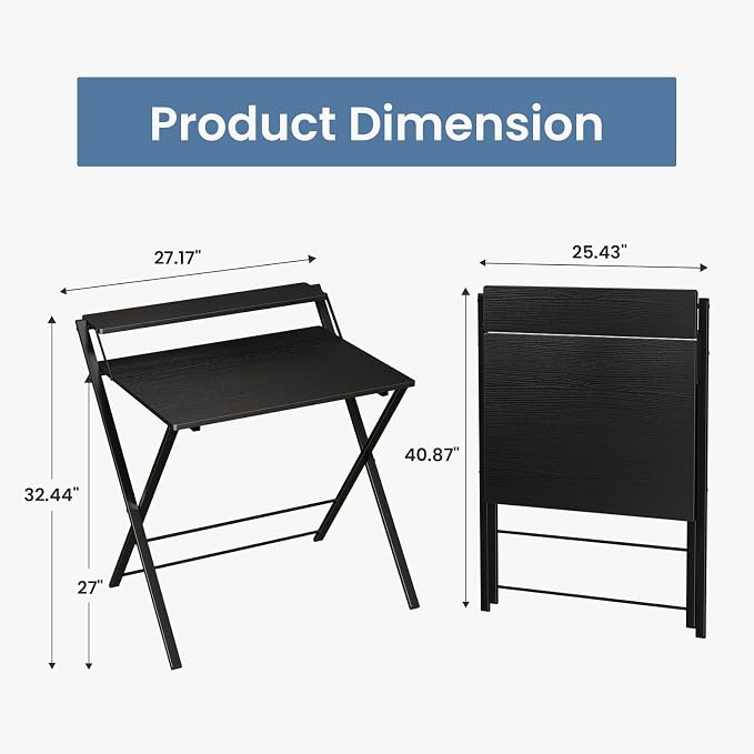 DUMOS Small Folding Desk with Shelf, No-Assembly Foldable Computer Desk for Tight Spaces, Portable Table for Bedroom, Home Office, Dorm or Apartment, Ink