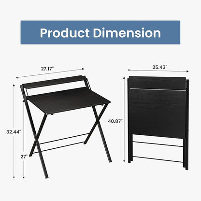 DUMOS Small Folding Desk with Shelf, No-Assembly Foldable Computer Desk for Tight Spaces, Portable Table for Bedroom, Home Office, Dorm or Apartment, Ink