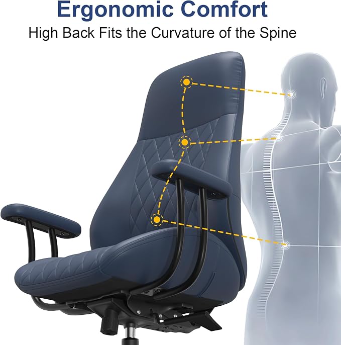 E-Ser Leather Desk Chair, Mid Century Modern Office Chair, Blue | Lumbar Support, Ergonomic, 360° Swivel, Rubber Rolling Wheels, Adjustable Height, for Adults