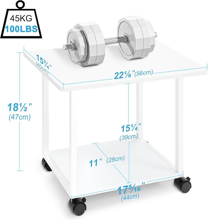 MARTY 22"x15.75" Large Under Desk Printer Stand with Storage Shelf 2-Tier Rolling Printer Cart with Wheels Printer Table for Home Office Heavy Duty Storage Rack for Scanner Fax Machine, White