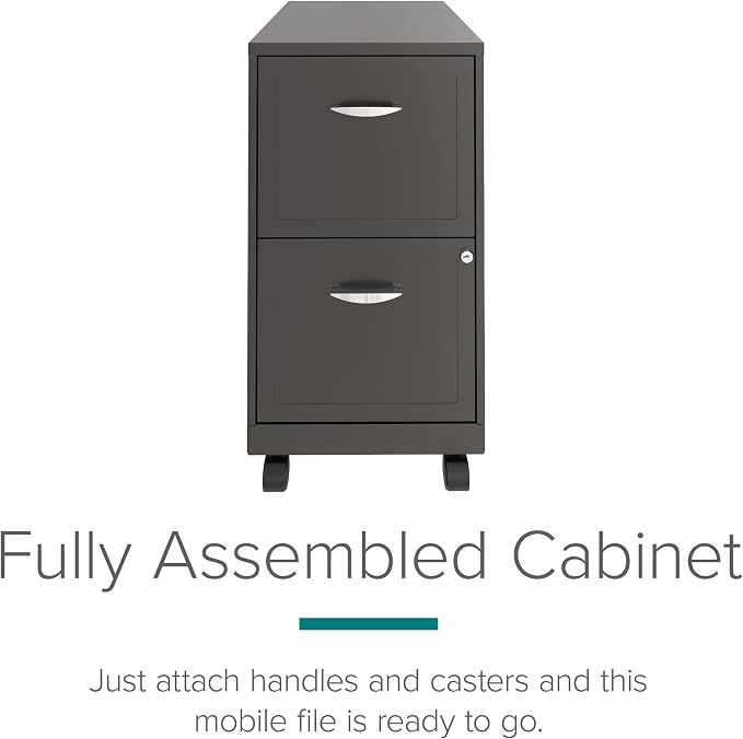 Space Solutions - 2 Drawer Fully Assembled Vertical Steel File Cabinet, Home & Small Office Use, Fits Under Most Desks, Letter-Size, Lock, Mobile, Metallic Charcoal