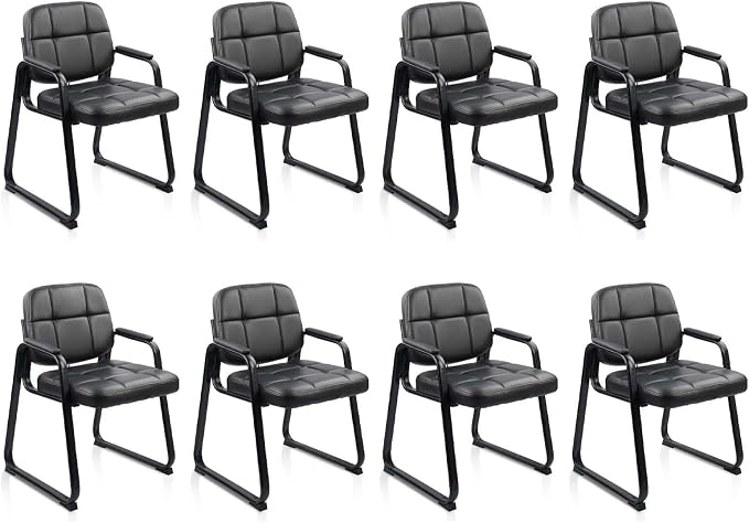 CLATINA Waiting Room Chairs no Wheels with Padded Arms Leather Guest Chair for Office Reception and Conference Desk with Sled Base Black, 8PK