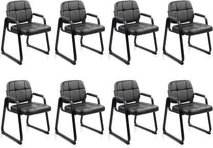 CLATINA Waiting Room Chairs no Wheels with Padded Arms Leather Guest Chair for Office Reception and Conference Desk with Sled Base Black, 8PK