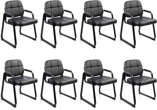 CLATINA Waiting Room Chairs no Wheels with Padded Arms Leather Guest Chair for Office Reception and Conference Desk with Sled Base Black, 8PK