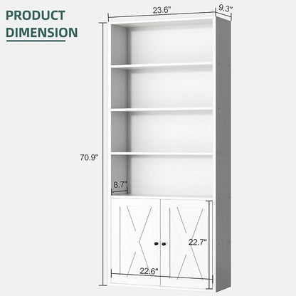 Shintenchi Bookshelf, Industrial Bookshelves and Bookcases with Doors Floor Standing 6 Shelf Display Storage Shelves 70.6 inches Tall Bookcase for Home Office, Living Room (White)