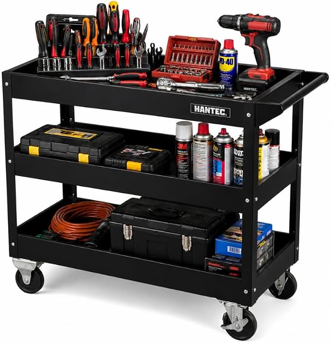 Hantec 3-Tier Rolling Mechanic Tool Cart – Heavy-Duty Steel Service Cart on Wheels with 360° Swivel Lockable Casters & Ergonomic Handle, 220 LBS Capacity, 31.9" L x 15" W x 30.7" H, Tool Organizer