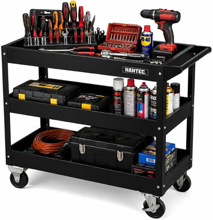 Hantec 3-Tier Rolling Mechanic Tool Cart – Heavy-Duty Steel Service Cart on Wheels with 360° Swivel Lockable Casters & Ergonomic Handle, 220 LBS Capacity, 31.9" L x 15" W x 30.7" H, Tool Organizer