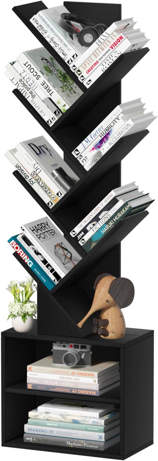 SHEEPAM 10 Tier Tree Bookshelf,Floor Standing Wood Tall Bookcase for Narrow Space, Storage Organizer Bookshelves for Books, Book Case for CDs/Movies/Books,Home Office,Living Room, Bedroom