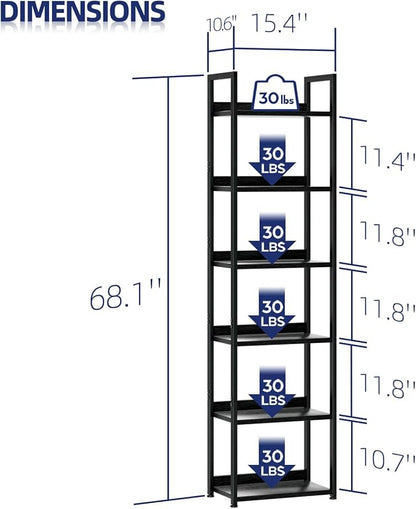 NUMENN Narrow Bookshelf, 6 Tier Bookshelves, Home Office Bookcase Shelf Storage Organizer, Free Standing Storage Shelving Unit for Bedroom, Living Room and Home Office, Black