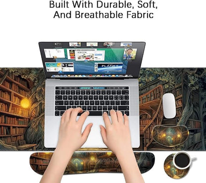 Desk Mat, Large Gaming Mouse Pad with Wrist Rest, 4 in1 XXL Mouse pad+Keyboard Wrist Rest+Mouse Pad Wrist Support+Cup Coaster Set, Ergonomic Desk Pad for Home Office, Trees Library