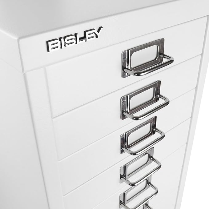 Bisley 10-Drawer Steel MultiDrawer Cabinet - Traffic White | Chrome Pull Handles with Label Holders, Powder-Coated Steel, Removable Drawers, Fits Under Most Desks, Labels Included