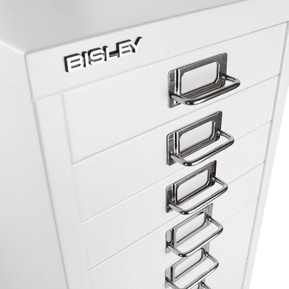 Bisley 10-Drawer Steel MultiDrawer Cabinet - Traffic White | Chrome Pull Handles with Label Holders, Powder-Coated Steel, Removable Drawers, Fits Under Most Desks, Labels Included