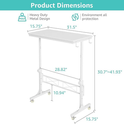 WINAZ Rolling Standing Desk with Wheels, 32" Adjustable Height Small Portable Teacher Desk for Classroom, Mobile Treadmill Walking Pad Table for Laptop, Compact White Home Office Workstation