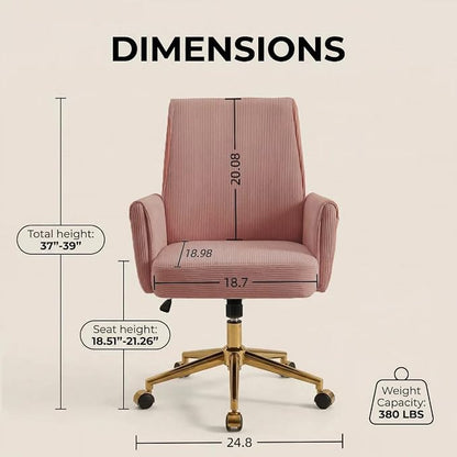 Stripes Velvet Home Office Desk Chair, Accent Upholstered Modern Height Adjustable Swivel Chair with Wheels,Ergonomic Task Chair for Living Room,Bedroom,Vanity,Study,Office（Pink）