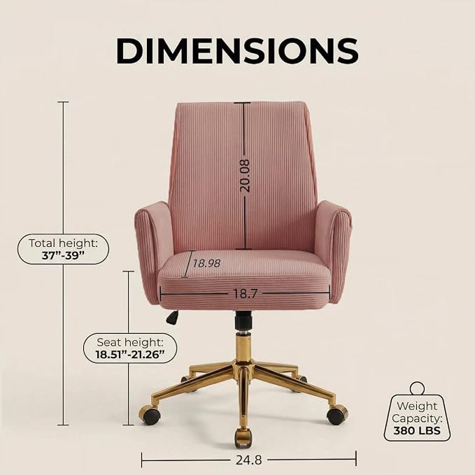 Striped Velvet Office Chair, 360° Swivel Ergonomic Task Chair with High Back, Gold Base and Wheels, Height Adjustable Modern Accent Chair for Home Office, Living Room, Study, Vanity (Dark Pink)