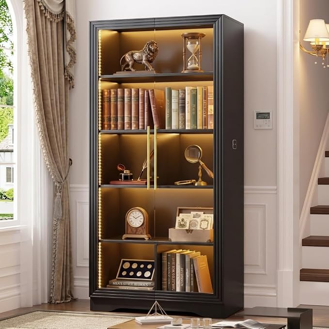 Vlsrka LED Display Cabinet with Glass Doors, Modern Storage Cabinet with 5 Tier Adjustable Shelves, Human Sensor, for Collectibles, 65" Tall Bookcase for Home Office Living Room, Black