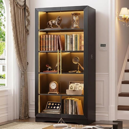 Vlsrka LED Display Cabinet with Glass Doors, Modern Storage Cabinet with 5 Tier Adjustable Shelves, Human Sensor, for Collectibles, 65" Tall Bookcase for Home Office Living Room, Black