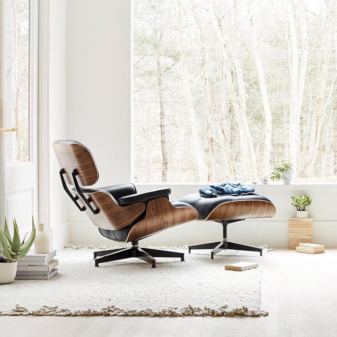 Mid Century Chaise Lounge Chair and Ottoman, Genuine Leather Reading Chair, Modern Chair Classic Design, Heavy Duty Base Support for Living Room Study Lounge Office,Tall Upgraded, Walnut Black