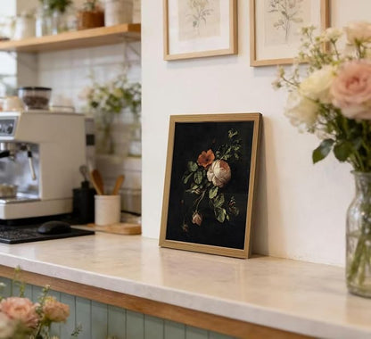CXQILVER Framed Vintage Dark Floral Wall Art, Botanical Rose Canvas Print, Antique Still Life Flower Painting Rustic Dark Academia Wall Decor, Classical Floral Artwork for Bedroom Living Room 8x10in