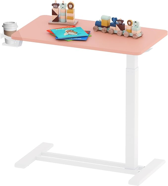 SANODESK Medical Adjustable Overbed Bedside Table with Hidden Casters, Pneumatic Mobile Laptop Computer Standing Desk Cart with Tray, Hospital and Home Use(27.6" W x 15.7" D, Pink)