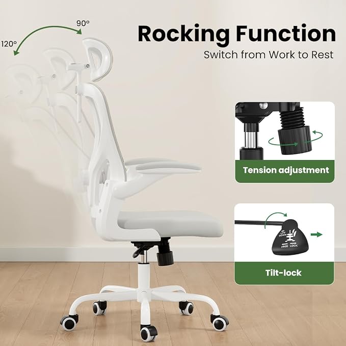 Soohow Office Chair, Ergonomic Office Mesh Desk Chair with Adjustable Back Support, High Back Comfy Computer Swivel Chair with Headrest, Lumbar Support for Study Room, Gaming and Office, White & White