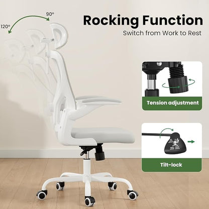 Soohow Office Chair, Ergonomic Office Mesh Desk Chair with Adjustable Back Support, High Back Comfy Computer Swivel Chair with Headrest, Lumbar Support for Study Room, Gaming and Office, White & White
