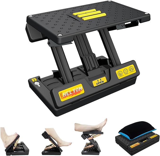 footrest for Under Desk at Work, Massage and Soft Cushion, for Multi-Scene | 4-section height adjustable, foldable, ergonomic footrest, metal frame (Yellow)