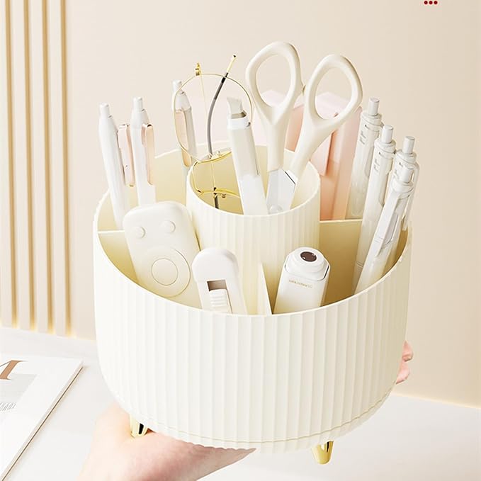 Desk Pencil Pen Holder 5 Slots 360°Degree Rotating Pen Organizers for Desk Desktop Storage Stationery Supplies Organizer Cute Cup Pot Kids Desk Organizer for Office Home School（Cream2）
