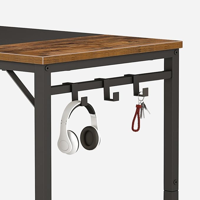 HOOBRO Computer Desk, Home Office Desk with Power Outlet, Modern Study Writing Desk with 3 Hooks for Study Room, Home Office, Sturdy and Stable, Easy to Assemble, Rustic Brown and Black BF40UDN01