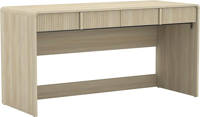 Manhattan Comfort Novara Modern 60" Writing Desk with 2 Smooth-Glide Drawers with Fluted Fronts, Office Desk with Large Work Surface, Stylish Rounded Edges, Whitewashed Oak