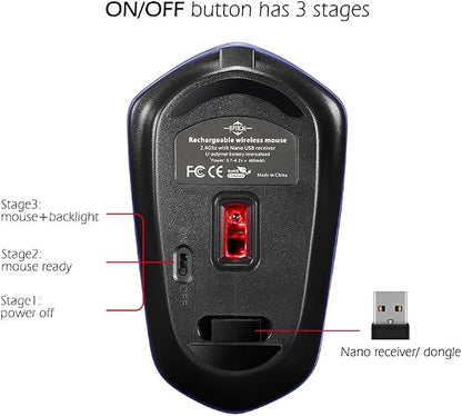 Rechargeable Wireless Mouse, Illuminating Backlit Powered by Li-Polymer Battery, Optical Sensor, Nano USB Receiver,3 Stages DPI Speed, 4 Buttons for PC, Laptop, Tablet, MacBook etc. (Net illuminating)
