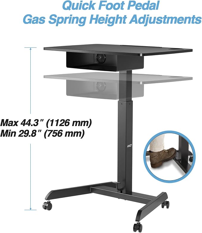 AVLT 44" Height Adjustable Foot Pedal Rolling Desk with Shelf - Black | 3 ft 8 inches - Pneumatic Laptop Standing Desk Cart - Mobile Laptop Cart Computer Projector Cart with Brake Casters