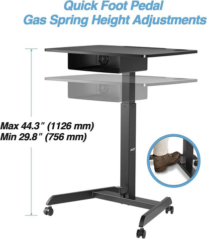 AVLT 44" Height Adjustable Foot Pedal Rolling Desk with Shelf - Black | 3 ft 8 inches - Pneumatic Laptop Standing Desk Cart - Mobile Laptop Cart Computer Projector Cart with Brake Casters