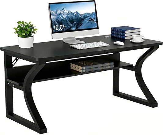 47 inch Computer Desk, Home Office Desk with Storage Shelf, Sturdy U-Shaped Metal Frame Study Table with Cable Management, Gaming Desk for Office & Bedroom (Black, 47inch)