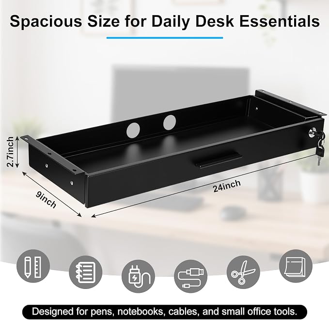 Menkxi 24'' x 9'' Under Desk Drawer Slide Out Storage Organizer, Lockable Metal Desk Drawer for Laptop and Office Accessories, Large Hidden Under Table Storage Box with Cable Management, Black