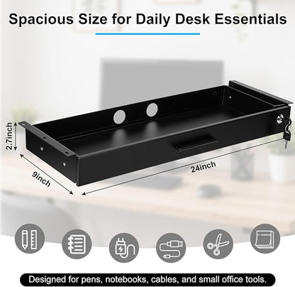 Menkxi 24'' x 9'' Under Desk Drawer Slide Out Storage Organizer, Lockable Metal Desk Drawer for Laptop and Office Accessories, Large Hidden Under Table Storage Box with Cable Management, Black