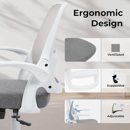 Ergonomic Mesh Office Chair for Home Office, Flip-Up Arms, Breathable Mesh Back & Thick Seat Cushion, Swivel Rolling Computer Desk Chair – BIFMA Certified, Supports 300 lbs (White Frame/Gray Seat)