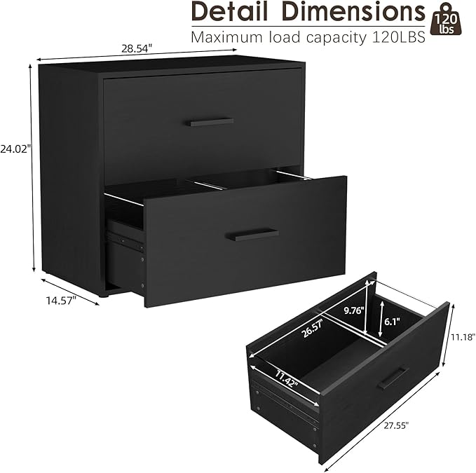 Lateral File Cabinet, Wood 2 Drawer File Cabinet with Hanging Bars for Letters, Black Horizontal File Cabinets for Home Office, Black