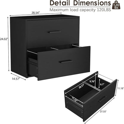 Lateral File Cabinet, Wood 2 Drawer File Cabinet with Hanging Bars for Letters, Black Horizontal File Cabinets for Home Office, Black