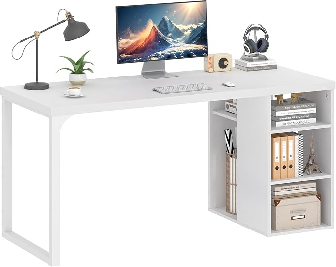 EXCEFUR White Computer Desk with Storage Shelves, Modern Home Office Desk, Reversible Wood and Metal Writing Study Table Workstations for Living Room Bedroom, 53 Inch