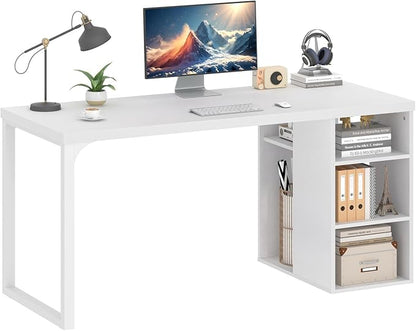EXCEFUR White Computer Desk with Storage Shelves, Modern Home Office Desk, Reversible Wood and Metal Writing Study Table Workstations for Living Room Bedroom, 53 Inch