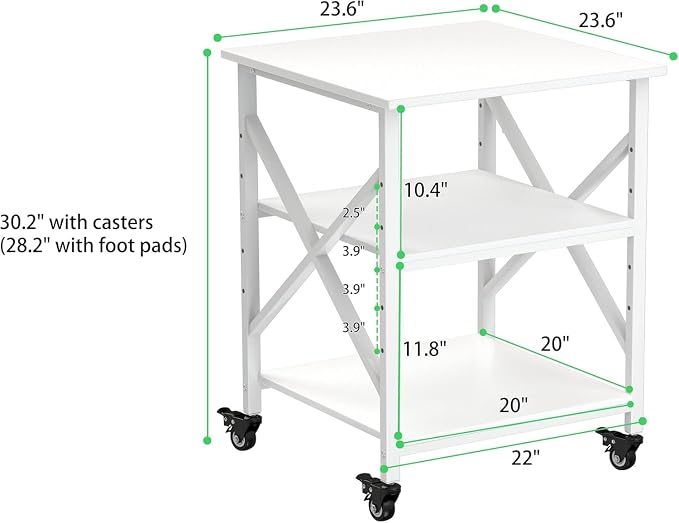 Printer Stand, 23.6 x 23.6 Inches Large Printer Stand with Adjustable Storage Shelf, 3 Tier Printer Table for Home Office, Rolling Printer Cart with Industrial Wheels, Mini Fridge Stand Table, White