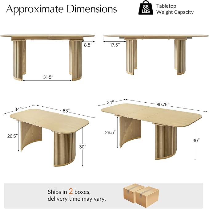 HULALA HOME 60"-80.75" Extendable Dining Table, Solid Wood Kitchen Table with Removable Leaf, Fluted Base, Mid-Century Modern Home Office Desk for Dining Living Working Room-Natural