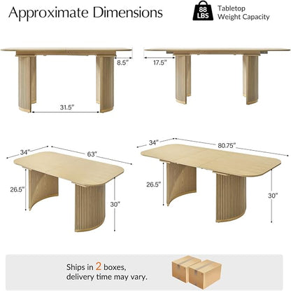 HULALA HOME 60"-80.75" Extendable Dining Table, Solid Wood Kitchen Table with Removable Leaf, Fluted Base, Mid-Century Modern Home Office Desk for Dining Living Working Room-Natural