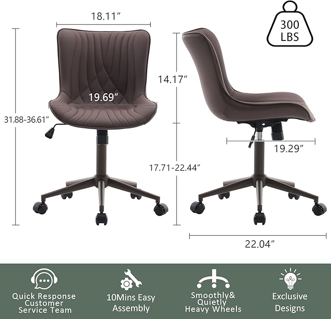YOUTASTE Armless Office Desk Chair with Wheels, Adjustable Swivel Vanity Chair, PU Leather Upholstered, Ergonomic Back Support, Modern All Brown Computer Chair for Home Office, Bedroom, Study